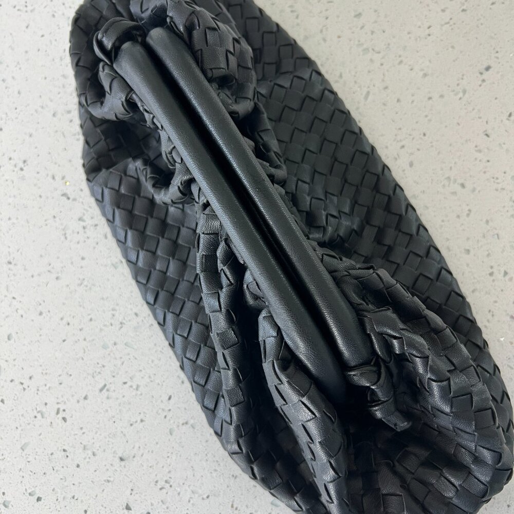 Intrecciato Woven Black Faux Leather Pouch Clutch with Strap - Picture 3 of 10
